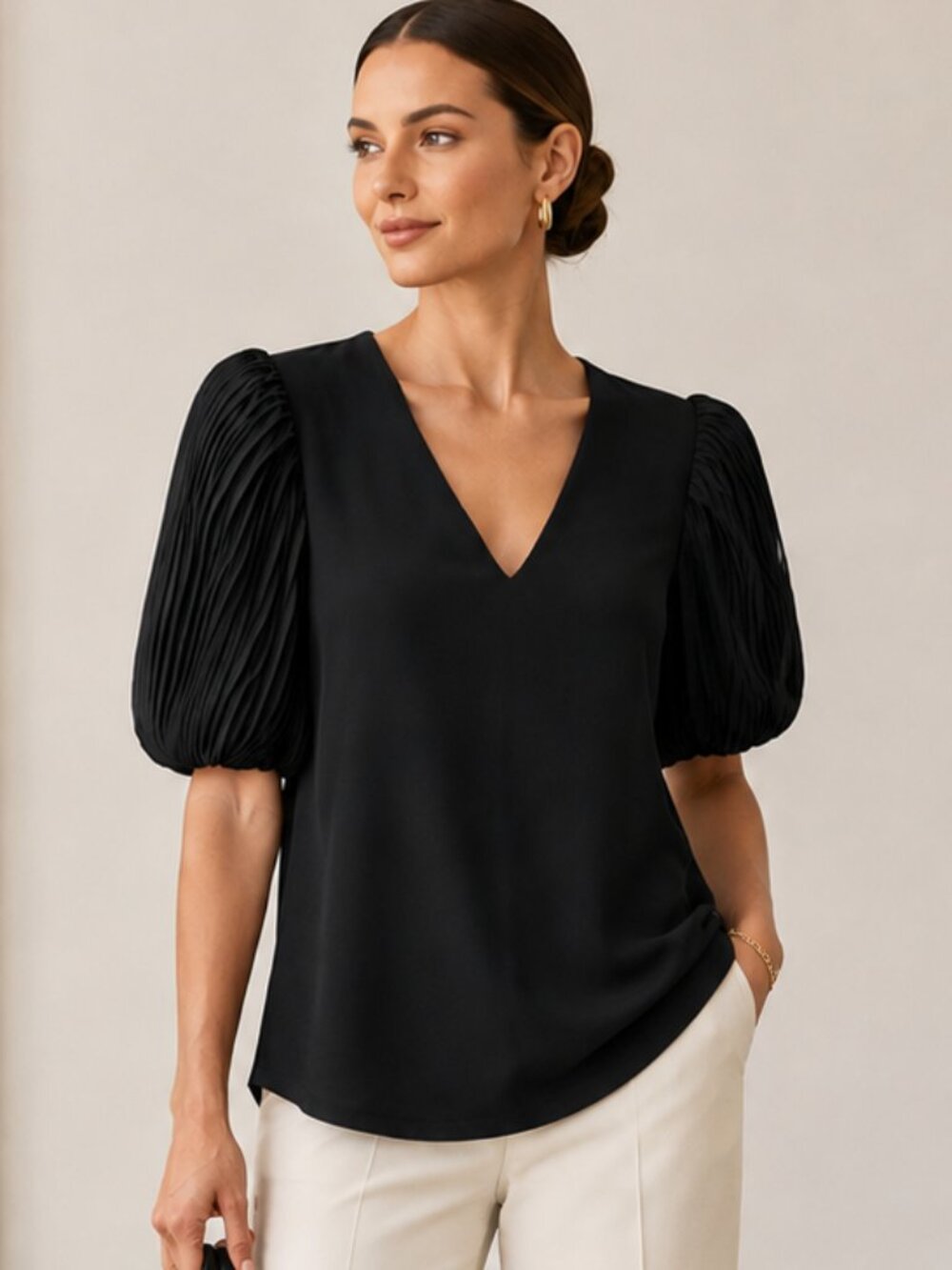 Zara Black Puff Sleeve Blouse V Neck Statement Top Size M NWT